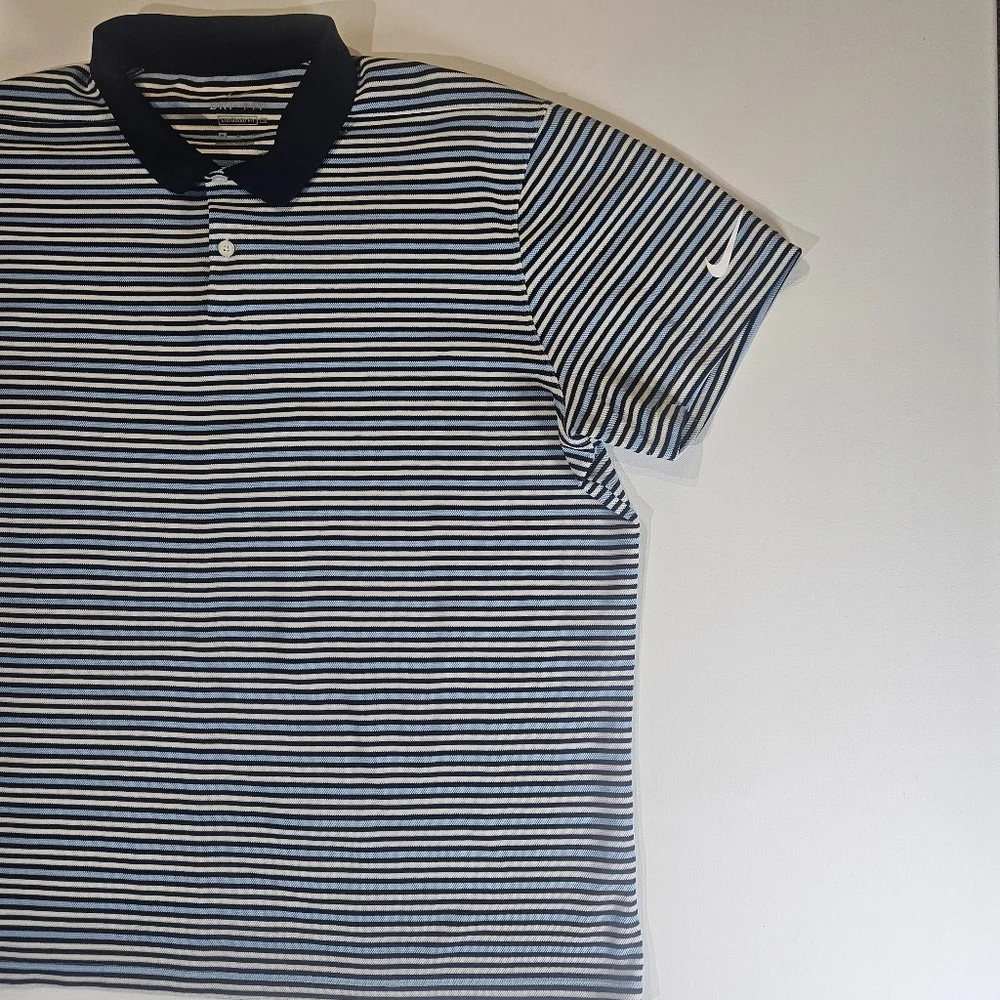 Nike Mens Polo Dri-Fit XL Blue White Striped Golf Ready Preppy Loungewear‎ Shirt